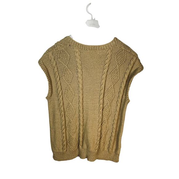 Vintage Handknit Tan Wool Cable Knit Sweater Vest Sleeveless Cardigan - Size XL - Picture 2 of 5